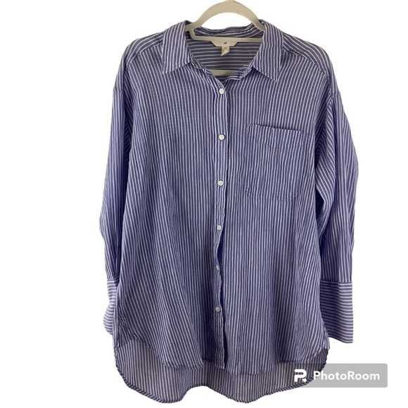 H&M Blue and White Striped Cotton Button Front Tunic Top - Picture 1 of 4
